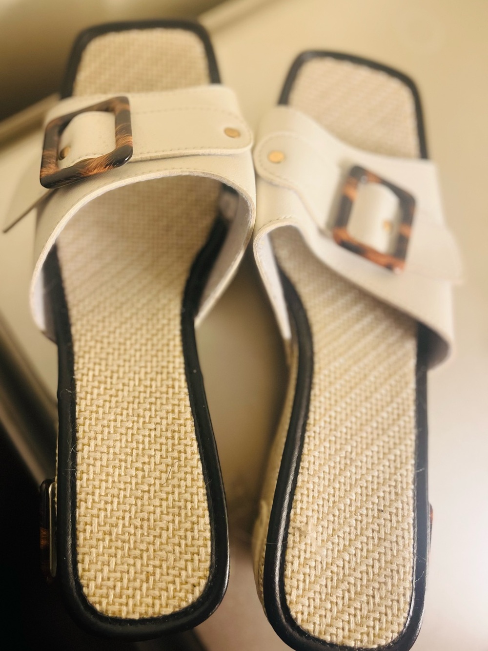 White Buckle Slide Sandals with Woven Insole